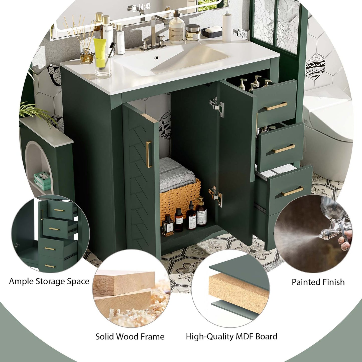 36 Inch Green Bathroom Vanity with Ceramic Sink and Drawers