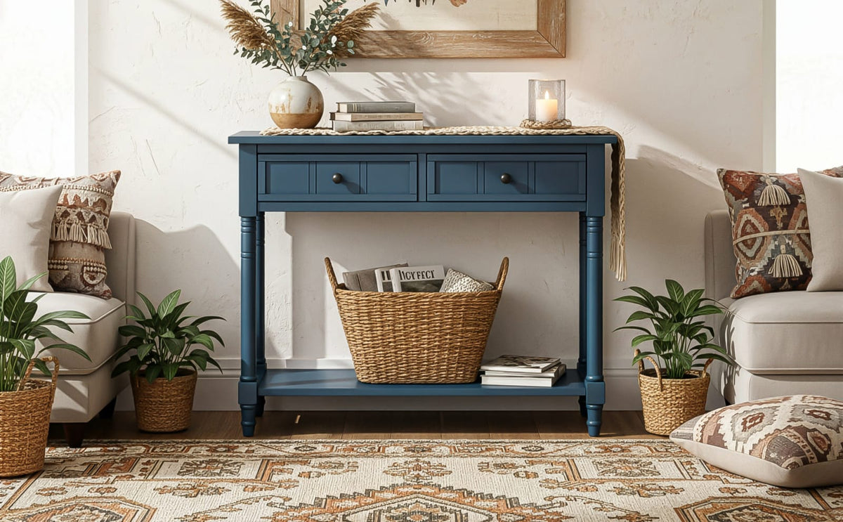 Dark Navy Console Table - Storage & Display for Living Room