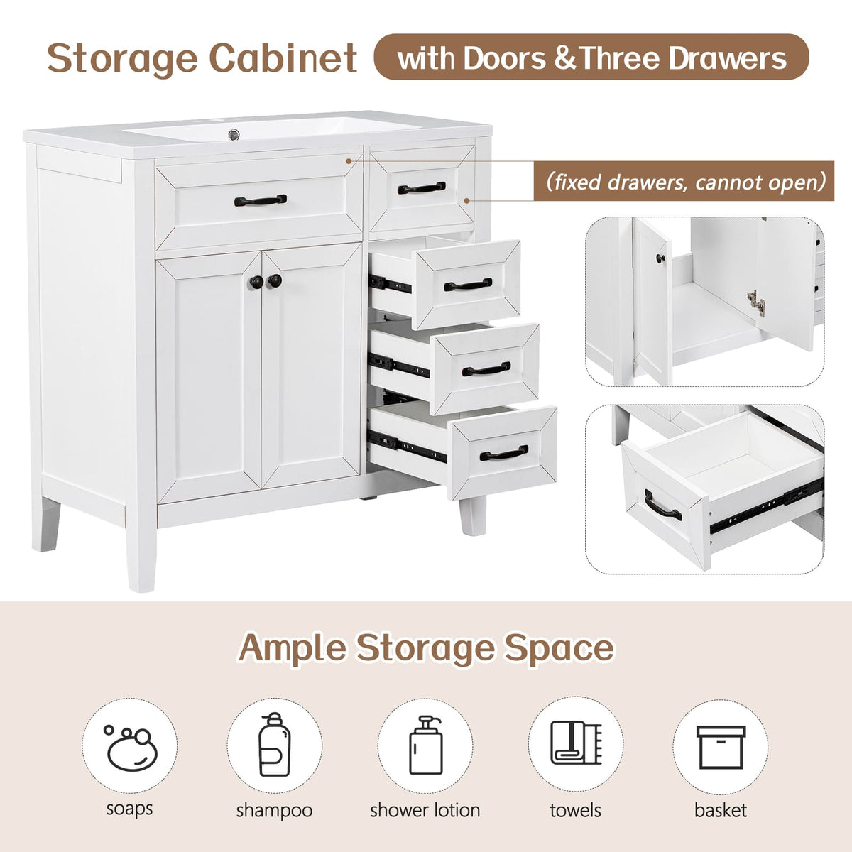 36 Inch White Bathroom Vanity Base - Solid Wood MDF
