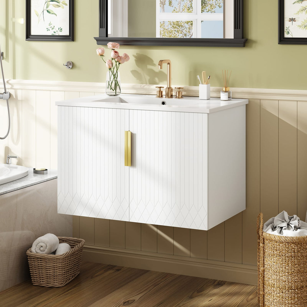 30" White Bathroom Vanity with Ceramic Sink - Storage Cabinet