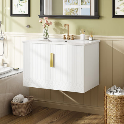 30" White Bathroom Vanity with Ceramic Sink - Storage Cabinet