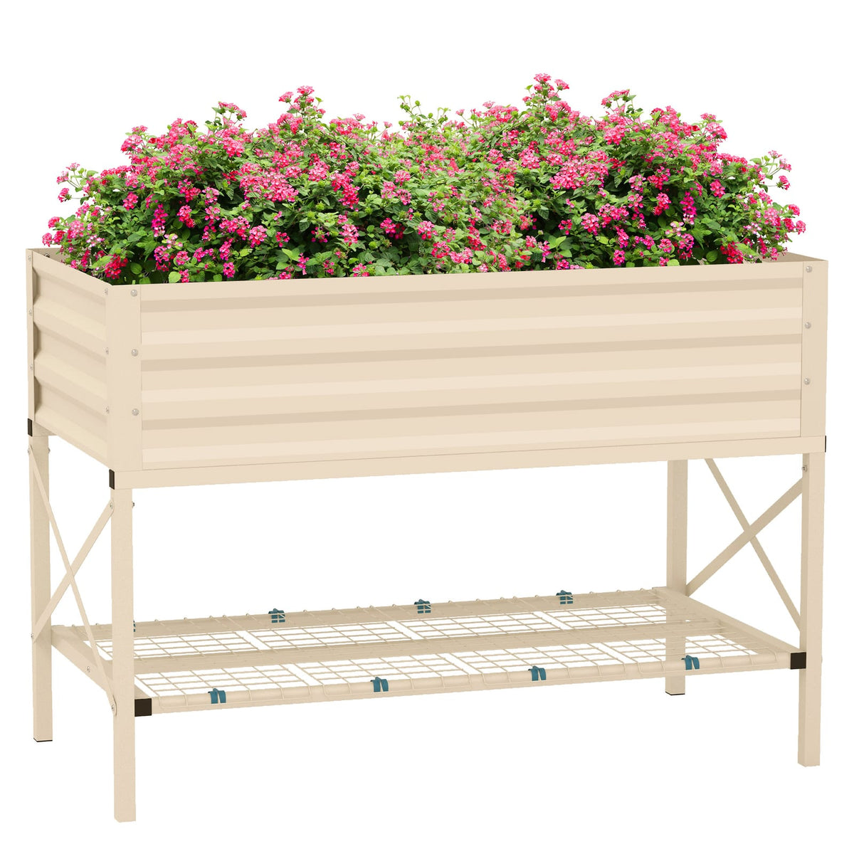 Outsunny Raised Garden Bed - Cream Steel with Storage Shelf