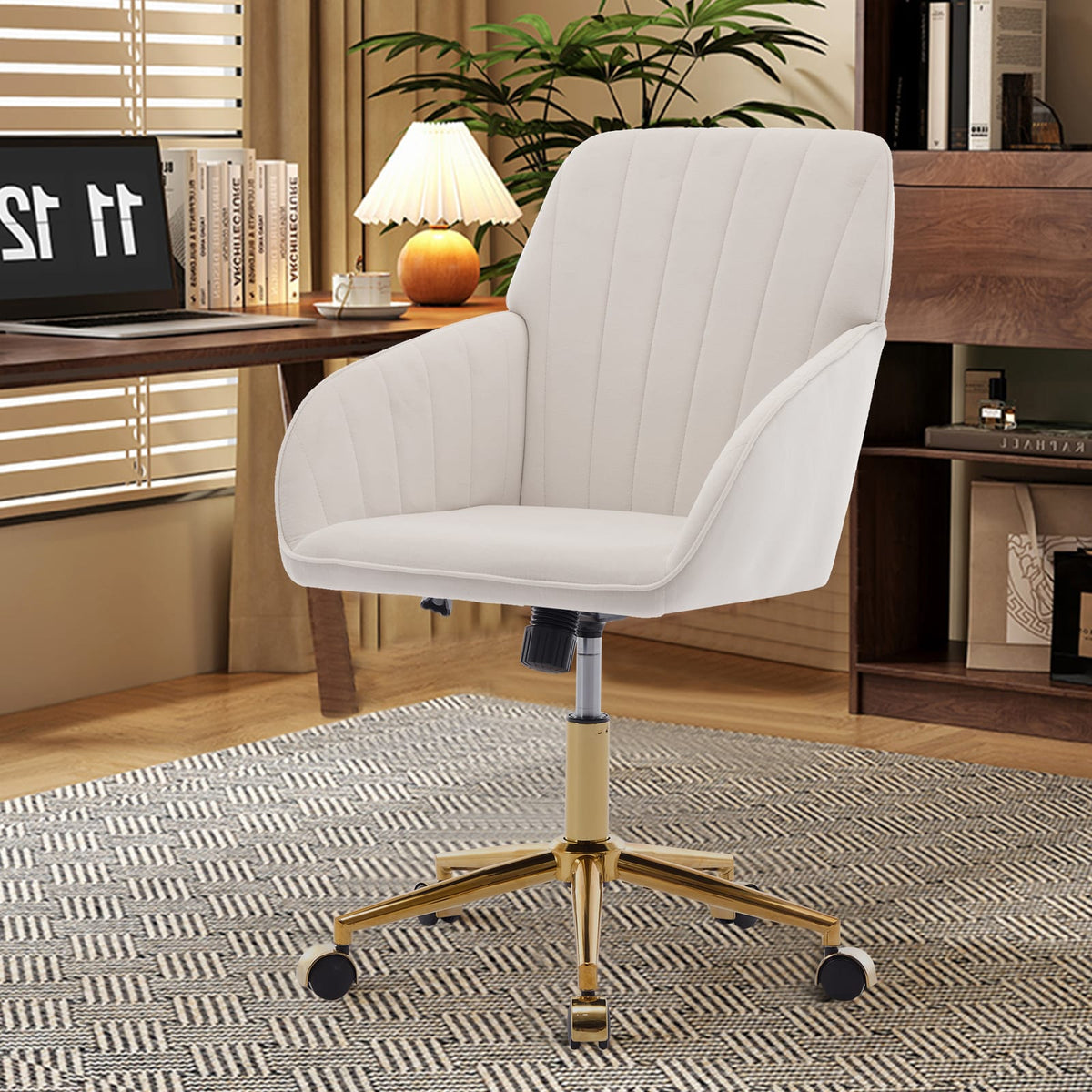 Beige Velvet Ergonomic Office Chair - Adjustable Swivel Chair