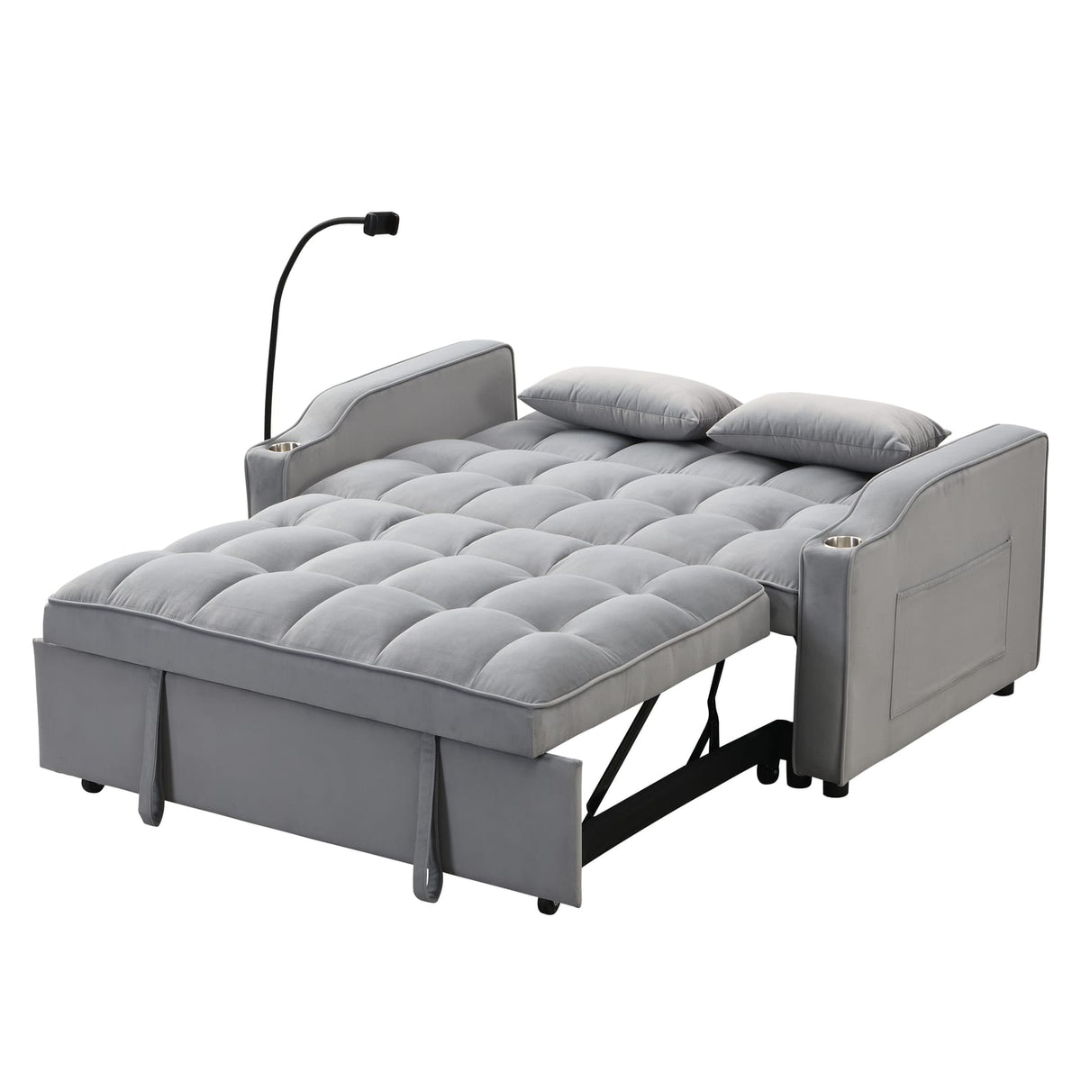Light Gray Velvet Sofa Bed with Pullout Sleeper Function for Living Room