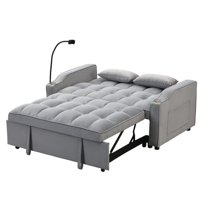 Light Gray Velvet Sofa Bed with Pullout Sleeper Function for Living Room