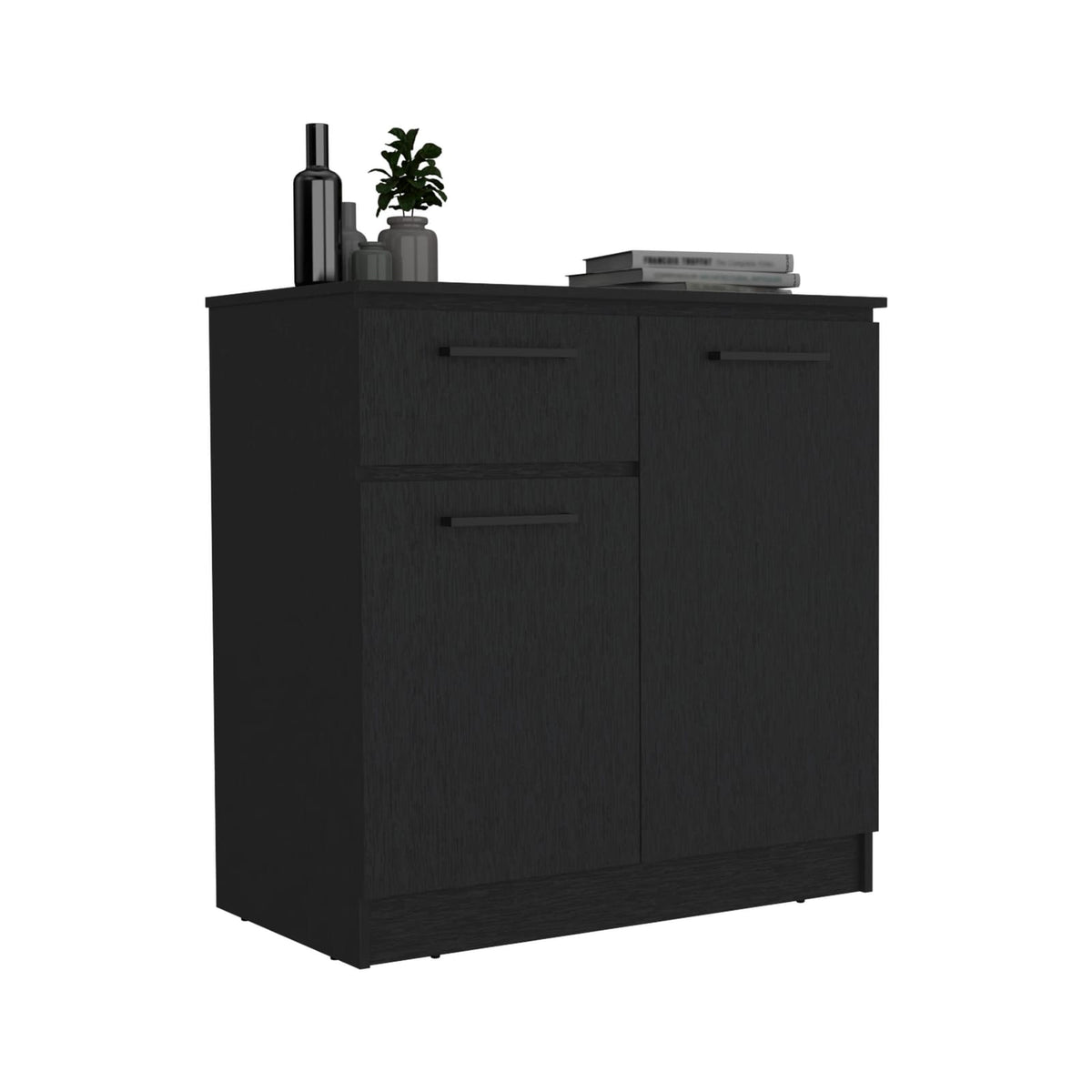 Black Engineered Wood Dresser - 2-Door & Single Drawer for Bedroom