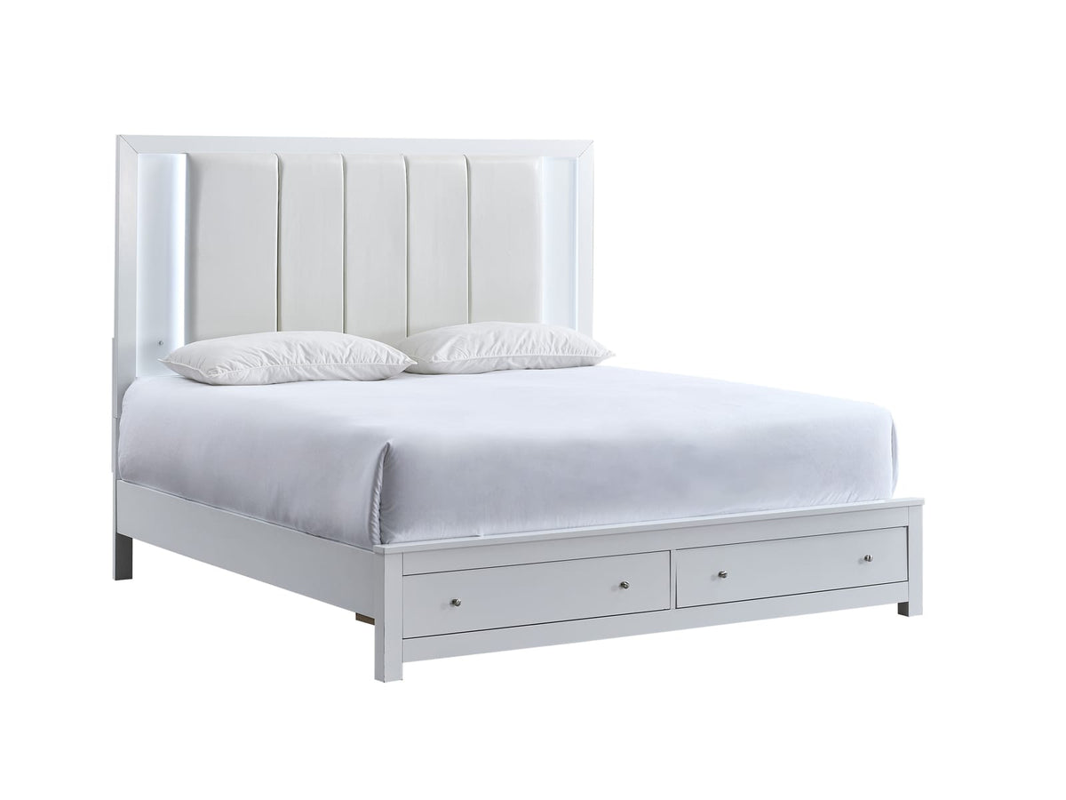 Queen White Wood Bed with Storage Drawers