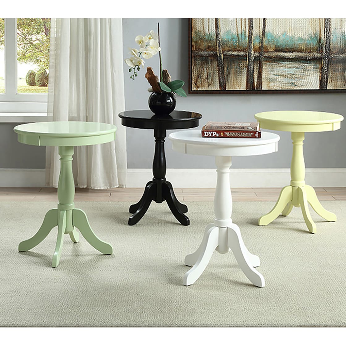 Round Black Wood Accent Table with Turned Pedestal for Living Room