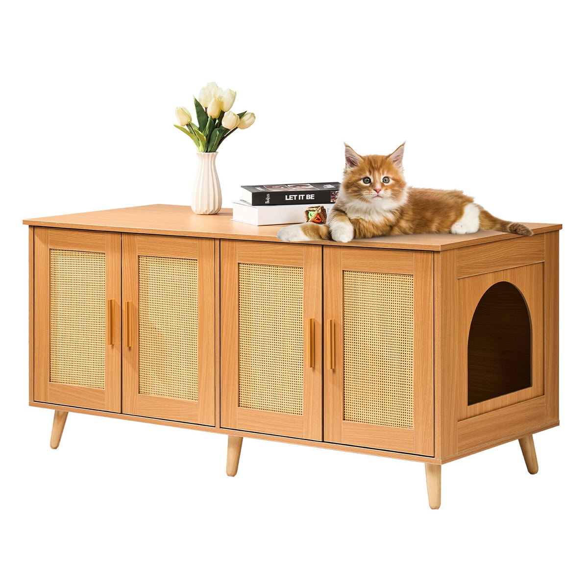 47.2" Natural Particle Board Cat Litter Box Furniture with Rattan Doors