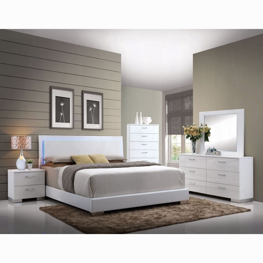 White Queen Bed with LED Light Headboard - Modern Bedroom Furniture