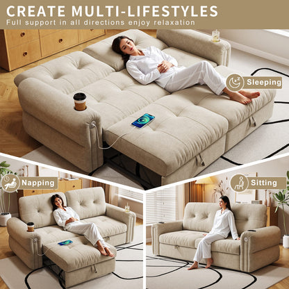 Beige Chenille Convertible Sofa Bed - 77" Multi-Functional Design for Living Room