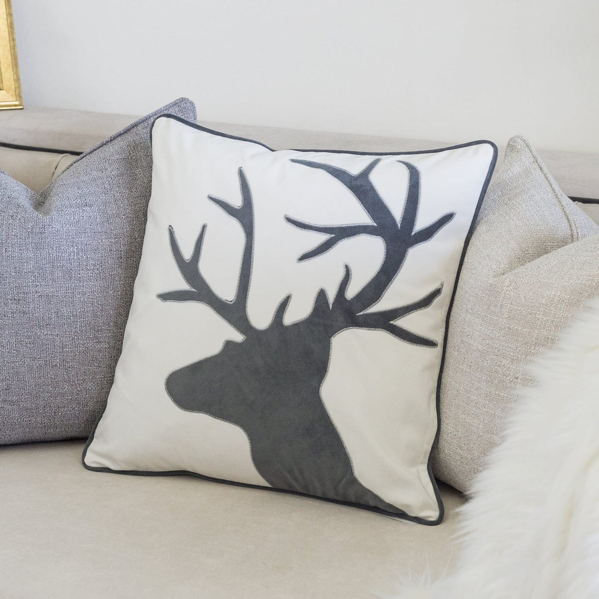 Holiday Reindeer Velvet Accent Pillow - White & Gray (20x20)