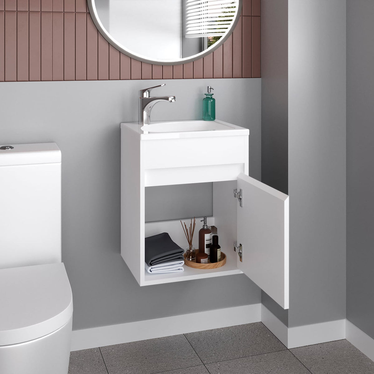 White MDF Bathroom Vanity - Compact Wall Mounted Storage