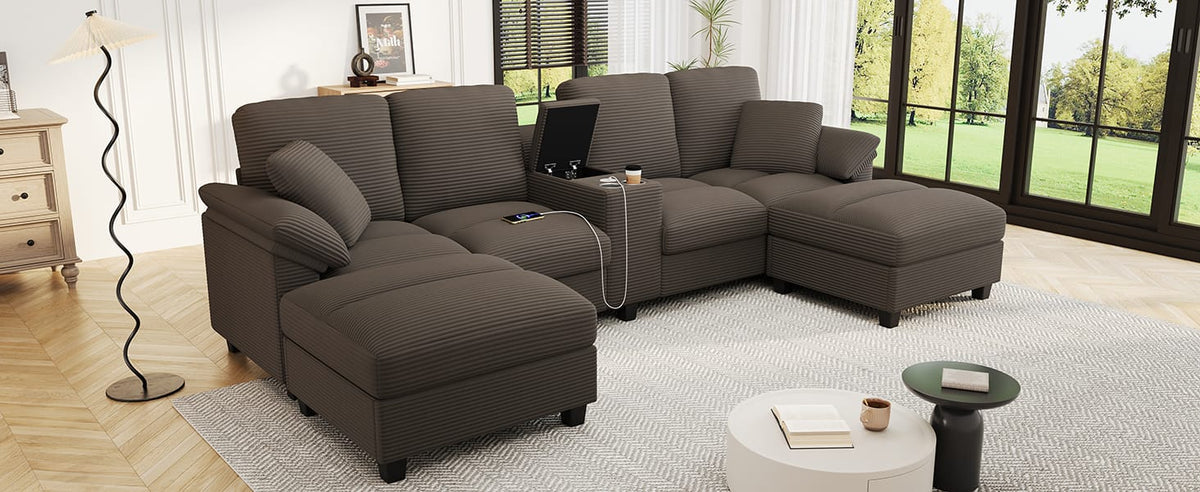 Brown Corduroy Sectional Sofa - 4 Seat U-Shaped with Storage