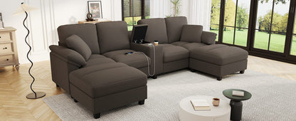 Brown Corduroy Sectional Sofa - 4 Seat U-Shaped with Storage