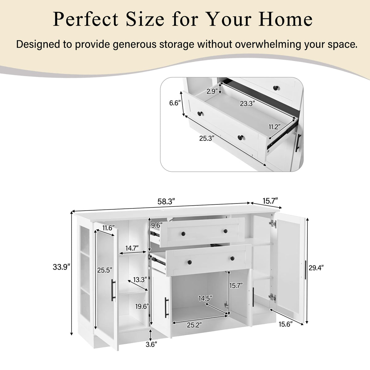 White MDF Sideboard Buffet with Power Outlet for Kitchen Storage