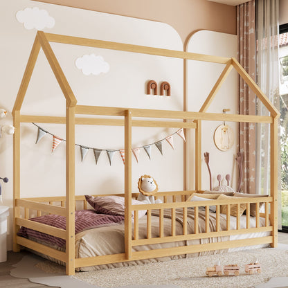 Twin Size Wooden Floor Bed with House Roof Frame - Natural