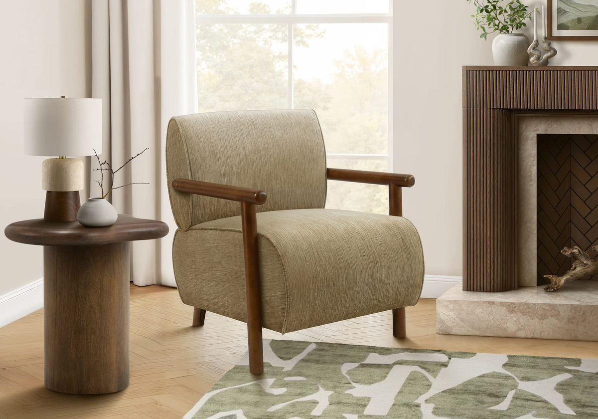 Living Room Mid Century Accent Chair in Brown Velvet Fabric with Walnut Wood Accents