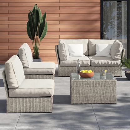 Grey Wicker Patio Seating Group - 5 Piece Set with Cushions