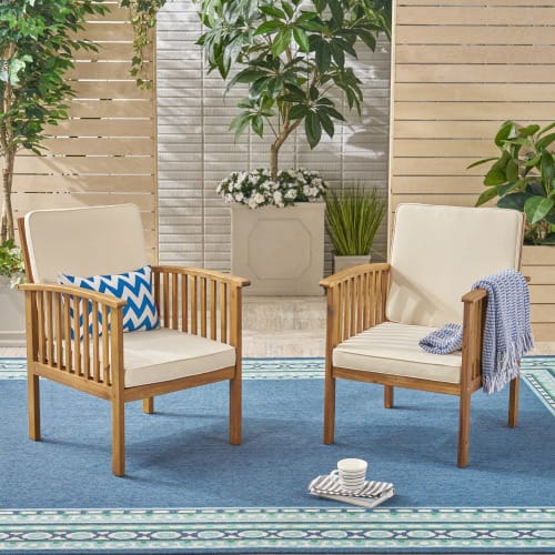 Brown Acacia Wood Patio Set - 2 Club Chairs with Cream Cushions & Foldable Table