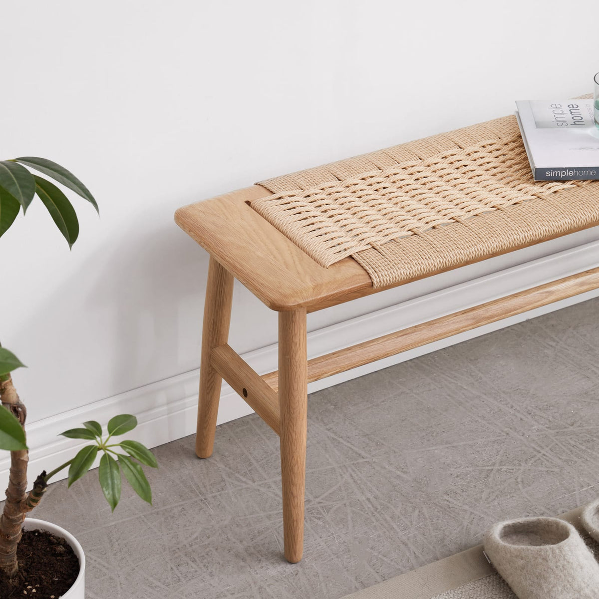 Oak Wood Dining Bench - Rectangular Stool for Bedroom
