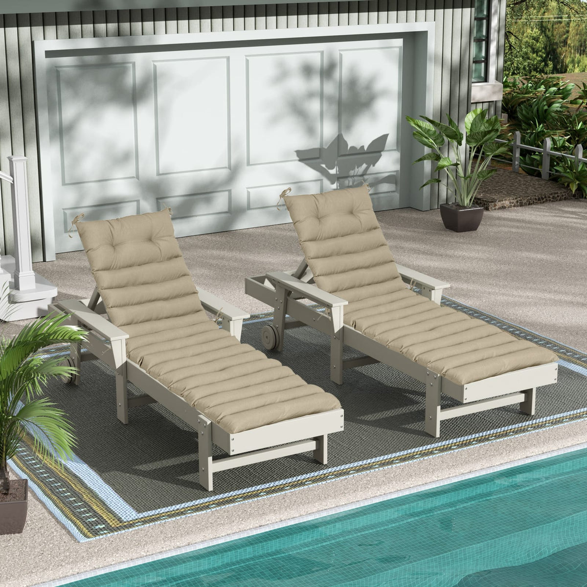 Khaki Polyester Outdoor Lounge Chair Cushion Set 2 Piece