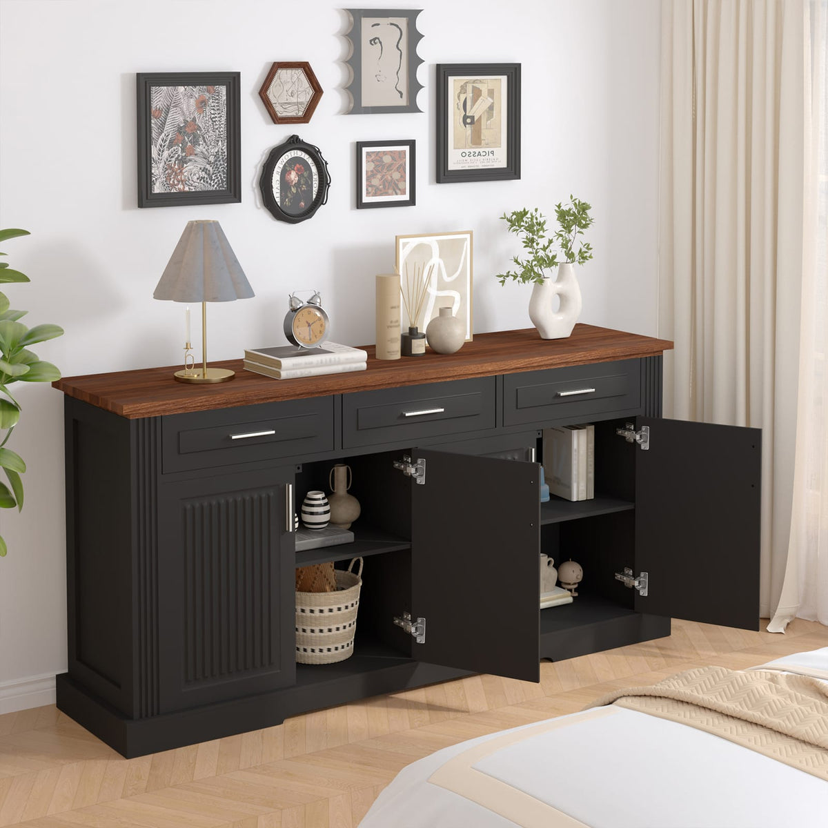 63" Fluted Sideboard Buffet Cabinet - Modern Kitchen Storage Console