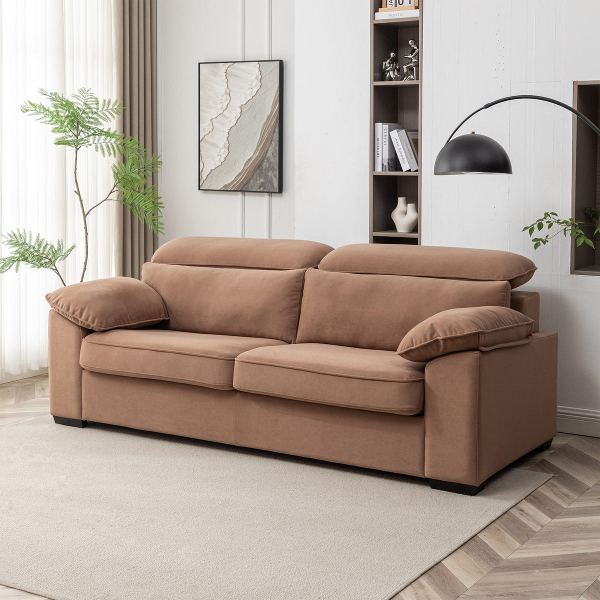 Living Room Convertible Queen Sofa Bed in Brown Polyester with Wooden Frame for