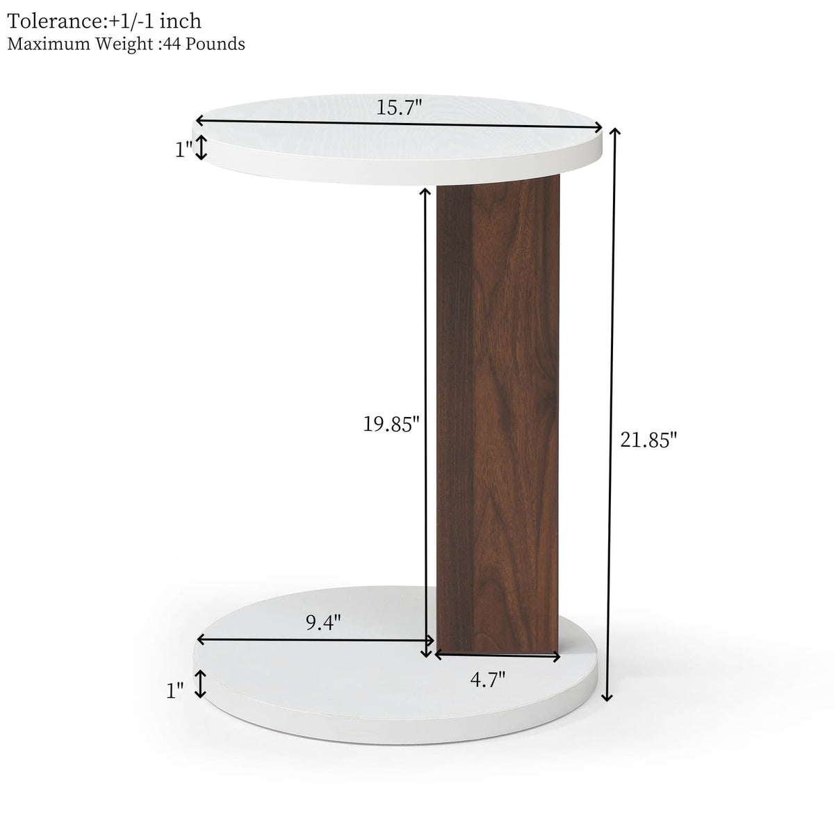 White Walnut C-Shaped End Table, Slim Side Table for Sofa for Living Room