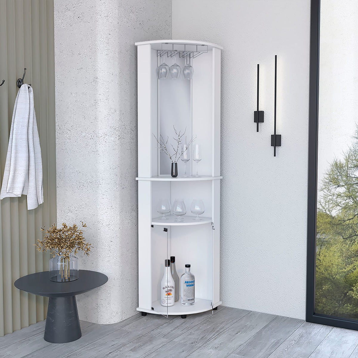 White Corner Bar Cabinet with Wine Rack - 17.7"W for Living Room