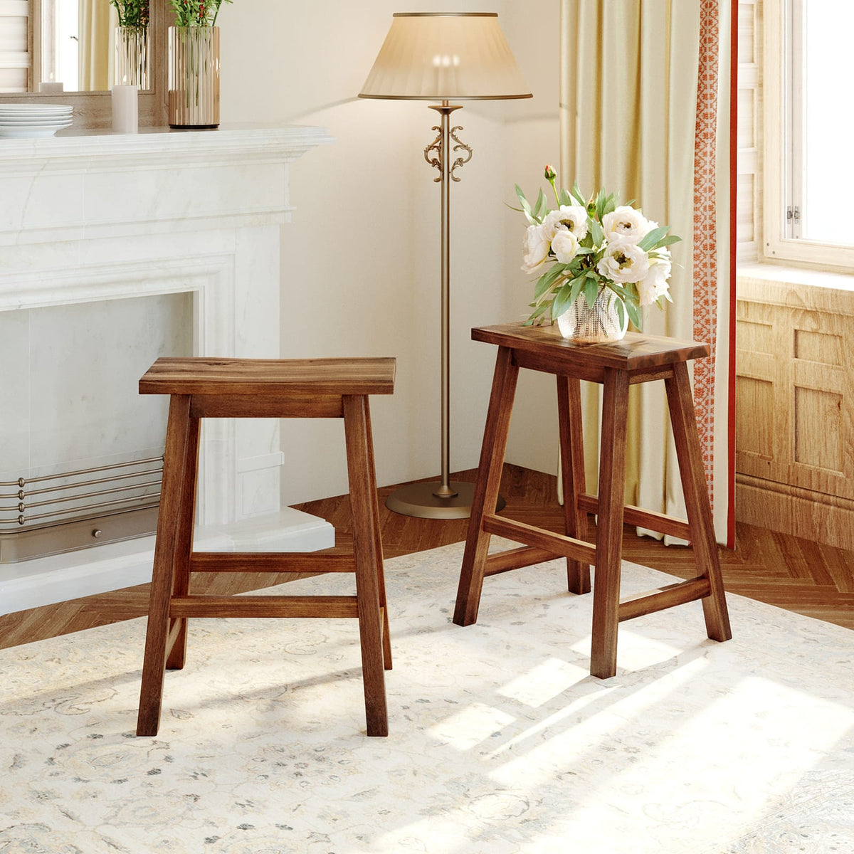 Walnut Farmhouse Dining Stools - 2 Piece Set for Dining Room