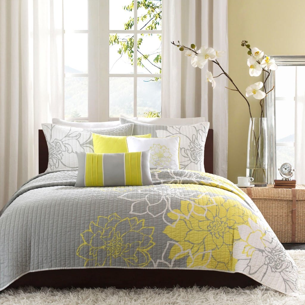 King Cotton Quilt Set Yellow Grey Floral Bedding
