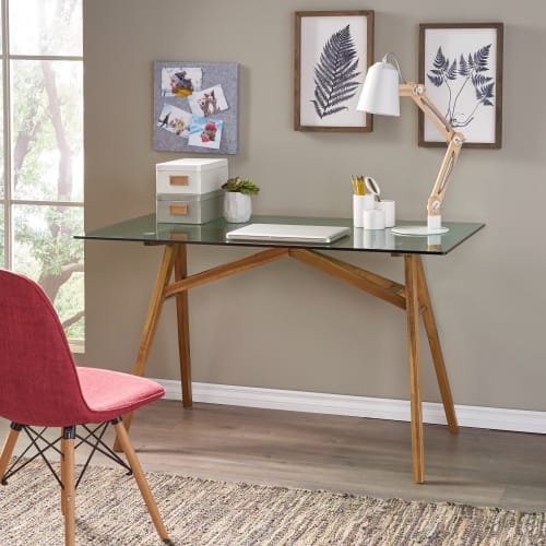 Mid-Century Wood and Glass Office Desk with Acacia Wood Base for Home Office