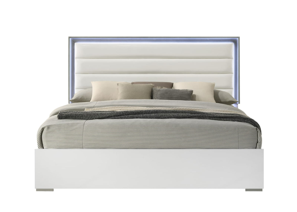 Queen White Wood Bed Frame with LED Headboard for Bedroom