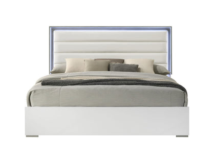 Queen White Wood Bed Frame with LED Headboard for Bedroom