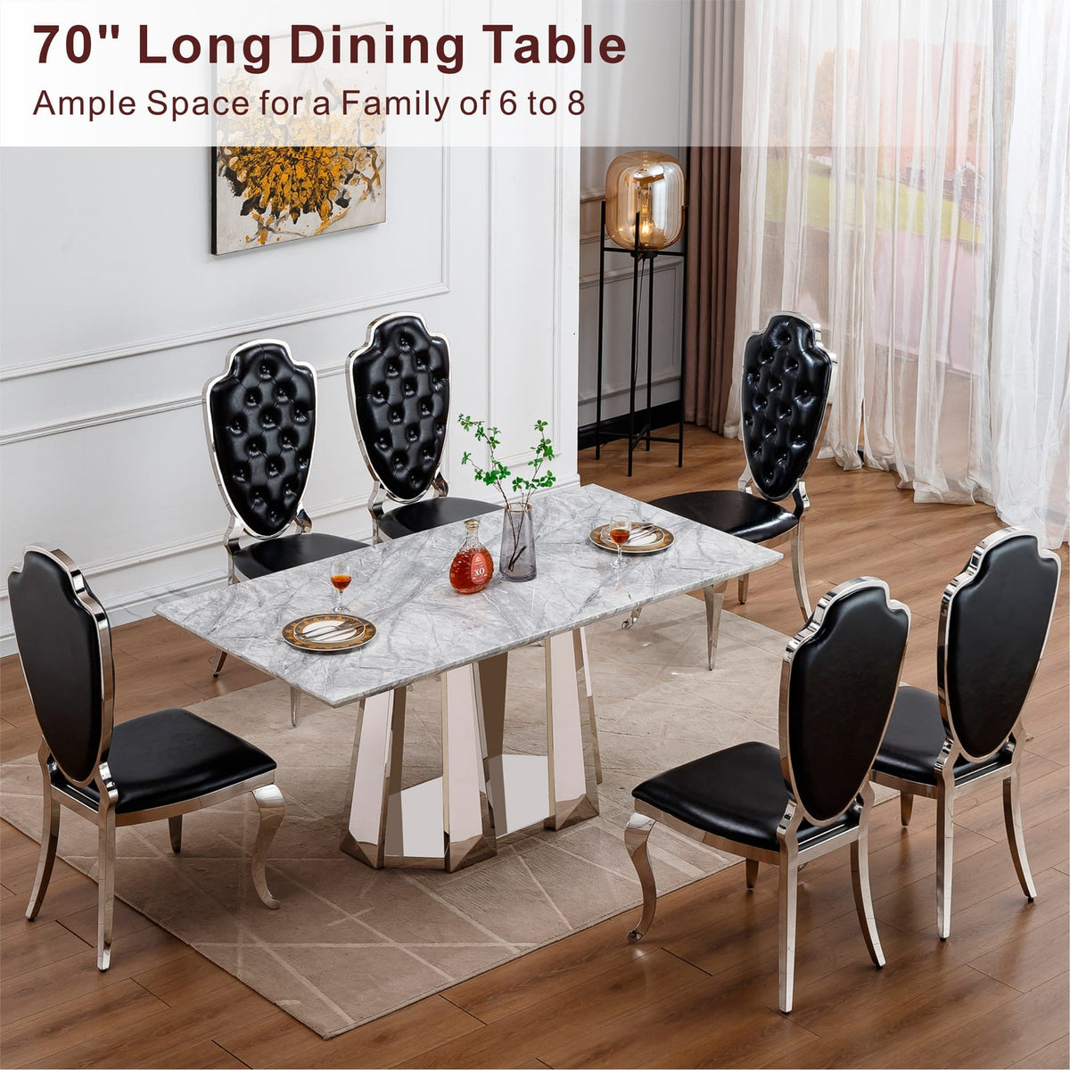 70" Silver Grey Marble Dining Table - Modern Rectangle for 6 People