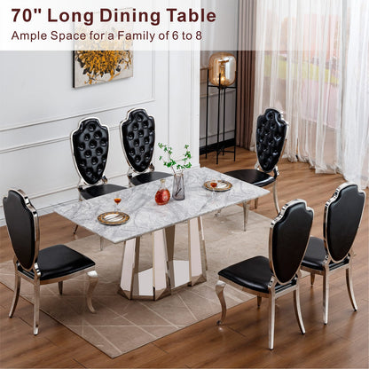 70" Silver Grey Marble Dining Table - Modern Rectangle for 6 People