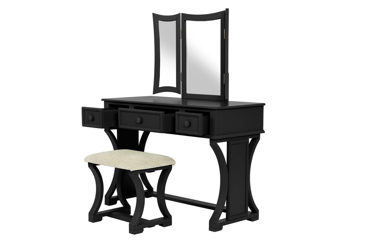 Modern Black Vanity Set with Drawers & Mirror - Bedroom Storage