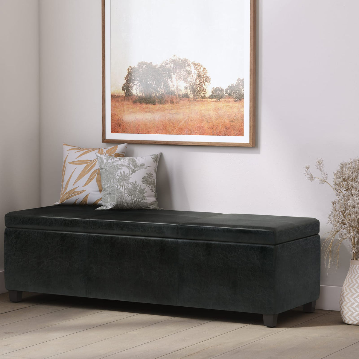 Black Wood Fabric Storage Bench - 18.1 x 53.9 Inches