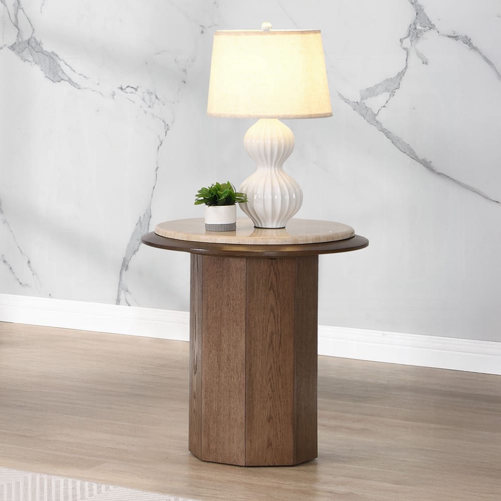 Kasha Walnut End Table - Travertine Top, 22" x 22" for Living Room