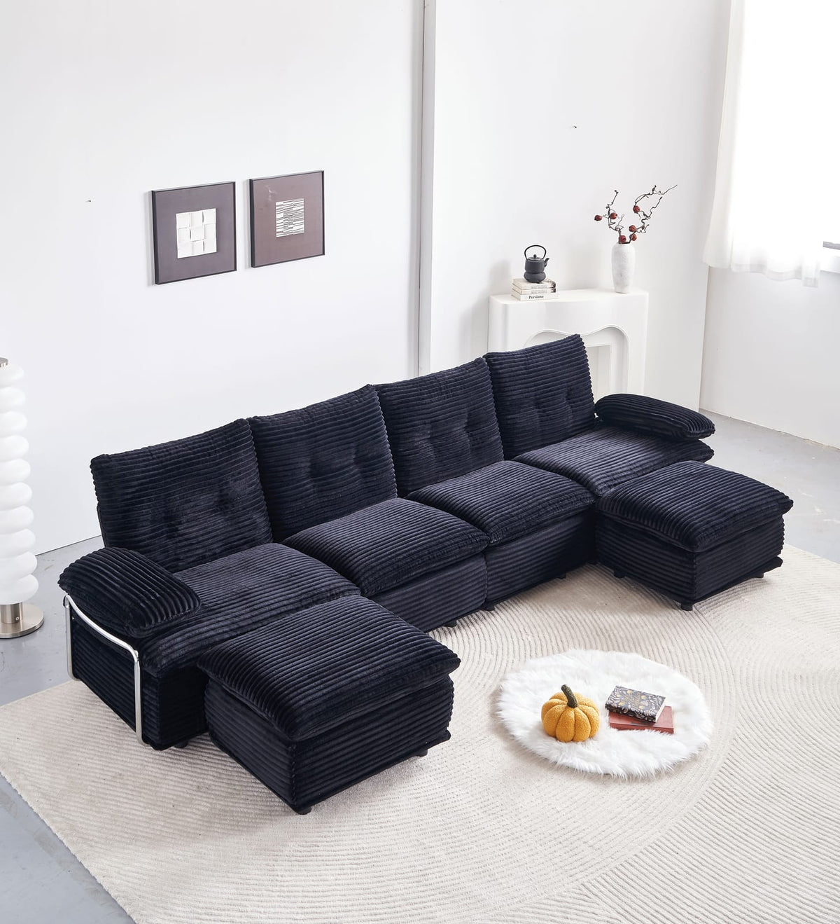 Black Corduroy Sectional Sofa - 4 Seat with Ottomans