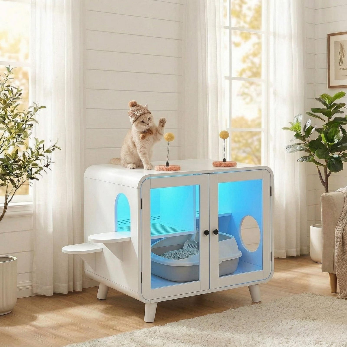 White Cat Cabinet with Litter Box - TV Style Pet Bed