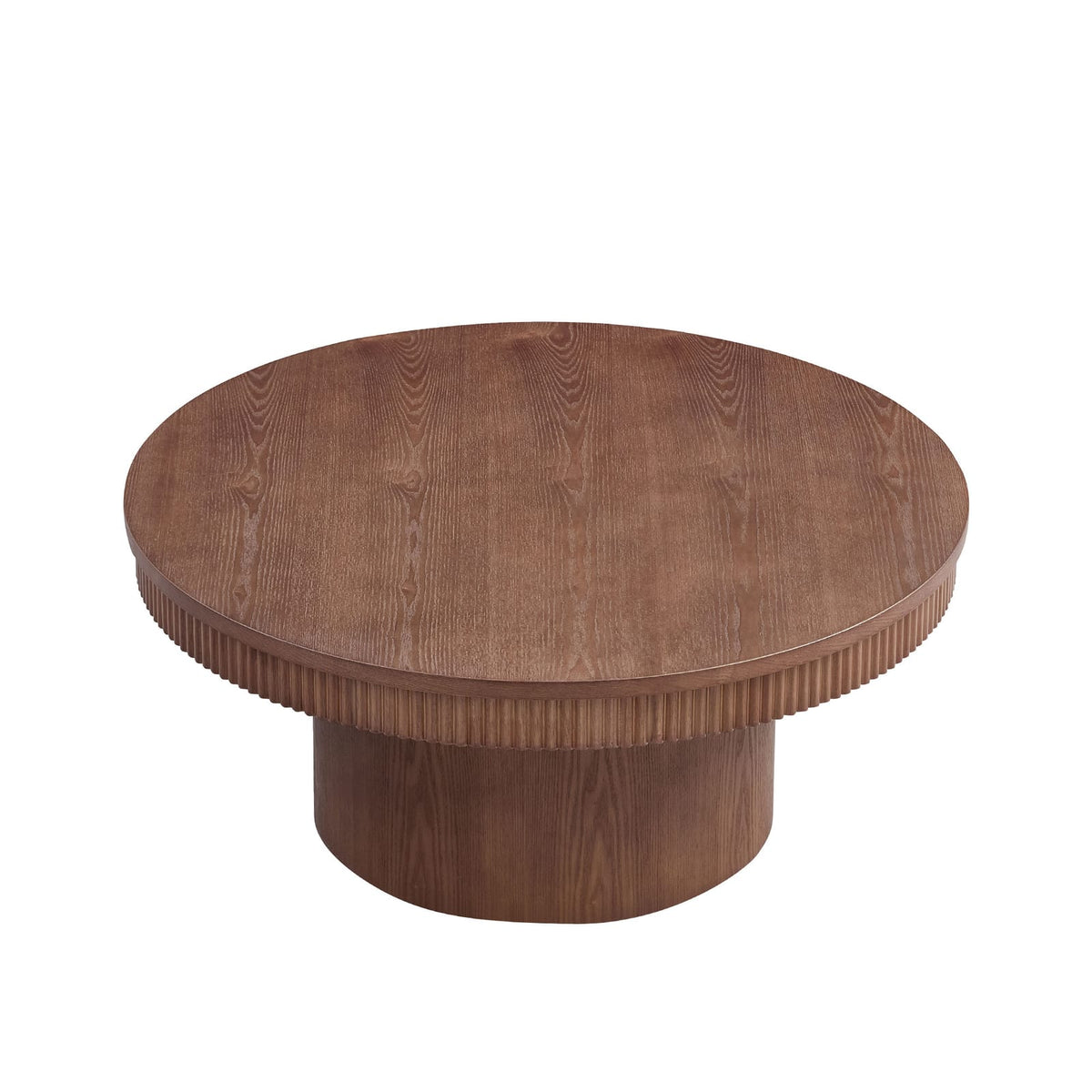 Walnut Round Coffee Table with Wave Trim, MDF for Living Room