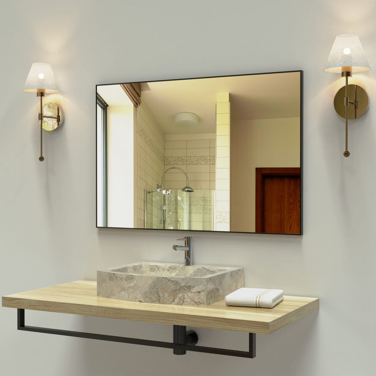 36x24 Inch Modern Black Bathroom Mirror - Glass & Aluminum Frame