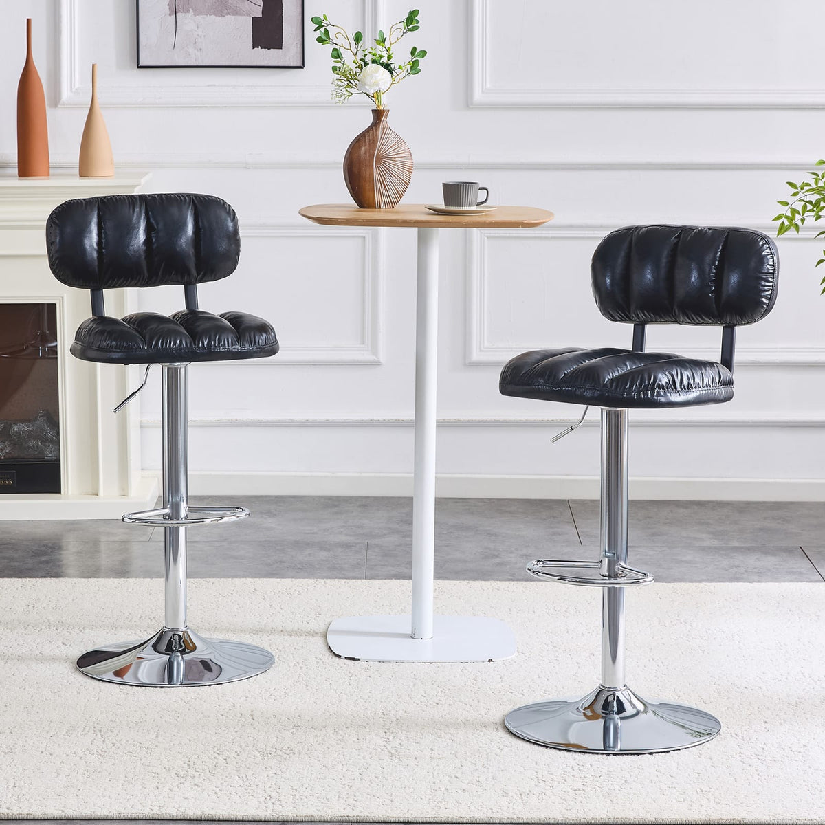 2-Pack Adjustable Bar Stools in Black PU Leather for Kitchen Island