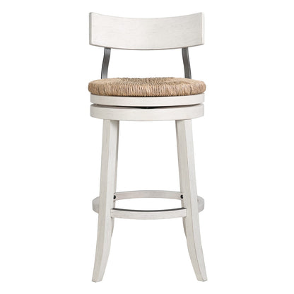 Reclaimed Wood Bar Stool with Seagrass Seat, White Finish for Bedroom