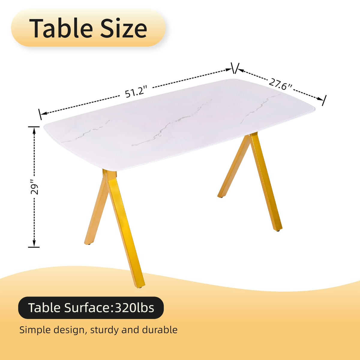 Gold Glass Dining Table - Rectangular Tempered Glass Tabletop