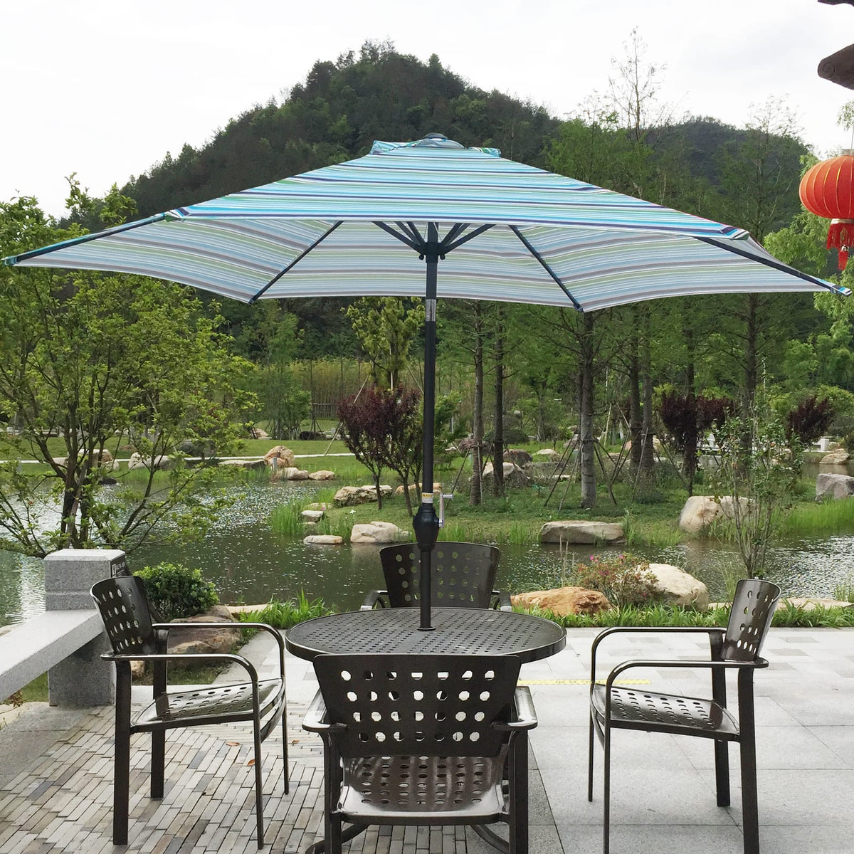 9 Foot Blue Striped Patio Umbrella - Metal Frame
