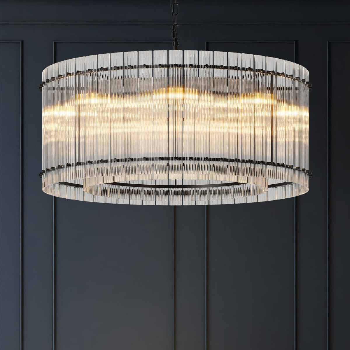 37 Inch Black Round Chandelier - Modern Water Wave Design