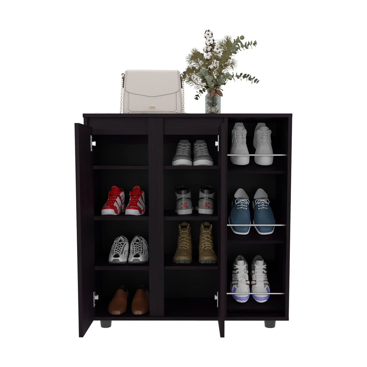Black Engineered Wood Shoe Storage Cabinet with 11 Shelves for Living Room